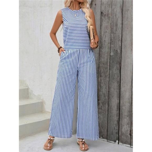 EMERY ROSE 2pcs/Set Striped Top And Pants Outfit Summer - Picture 1 of 6